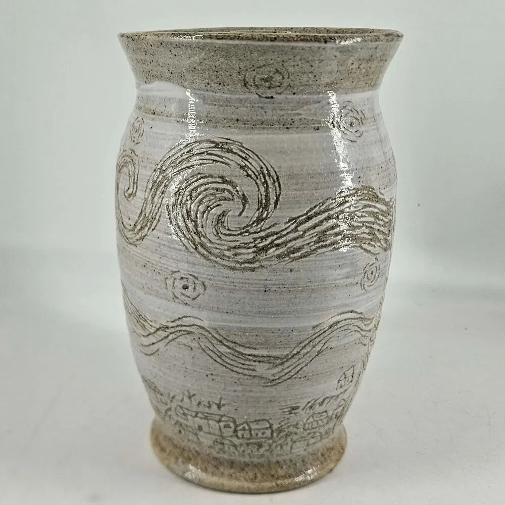 Hand made artist signed pottery folk art style vase fire smoke village scene